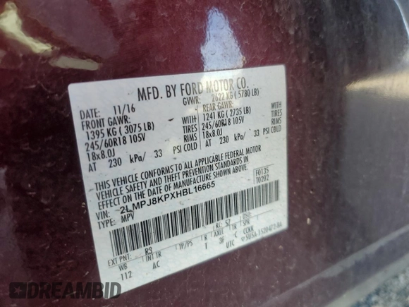 2017 Lincoln MKX Select with VIN 2LMPJ8KPXHBL16665, listed as a Copart auction lot 83374374 with 103,006 mi miles and Salvage Title. Bid and sale history available at carsss.com. Image 13.