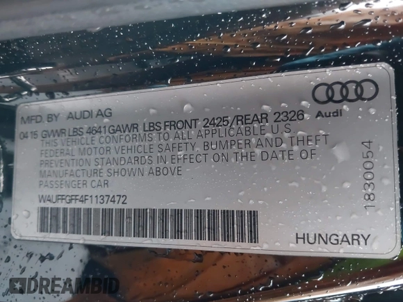 2015 Audi S3 2.0T Prestige with VIN WAUFFGFF4F1137472, listed as a IAAI auction lot 41559137 with 95,945 mi miles. Bid and sale history available at carsss.com. Image 9.