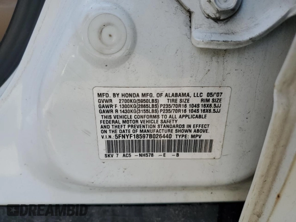 2007 Honda Pilot EX-L z VIN 5FNYF18597B026440, wystawiony jako Copart lot #53196875 z przebiegiem 189 403 mil mil oraz Szkoda całkowita • Salvage title. Historia ofert i sprzedaży dostępna na DreamBid. Obrazek 13.