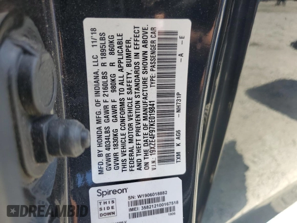 2019 Honda Insight Touring z VIN 19XZE4F97KE019841, wystawiony jako Copart lot #53578335 z przebiegiem 93 672 mil mil oraz Szkoda całkowita • Salvage title. Historia ofert i sprzedaży dostępna na DreamBid. Obrazek 12.