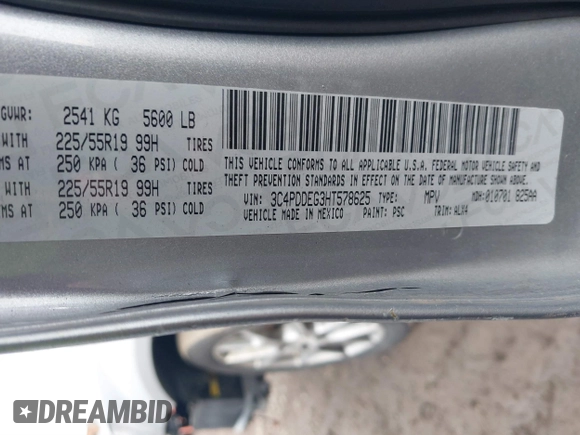 2017 Dodge Journey GT with VIN 3C4PDDEG3HT578625, listed as a IAAI auction lot 41161012 with 156,492 mi miles and . Bid and sale history available at DreamBid. Image 9.