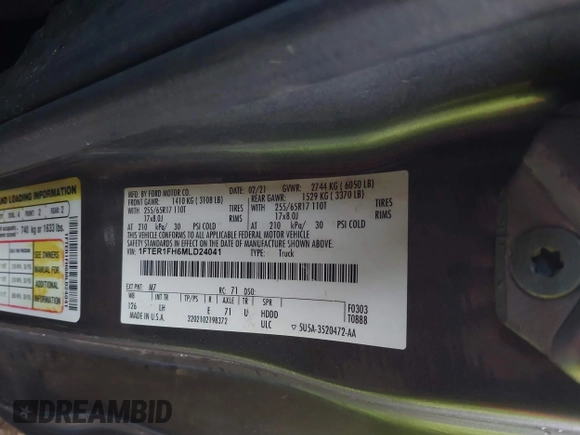 2021 Ford Ranger XL with VIN 1FTER1FH6MLD24041, listed as a IAAI auction lot 41255123 with 103,123 mi miles and . Bid and sale history available at DreamBid. Image 9.
