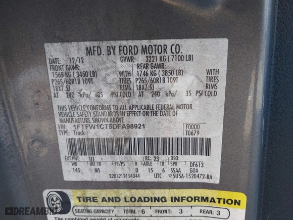 2013 Ford F-150 XL with VIN 1FTFW1CT5DFA98921, listed as a IAAI auction lot 41789209 with 272,201 mi miles. Bid and sale history available at carsss.com. Image 9.