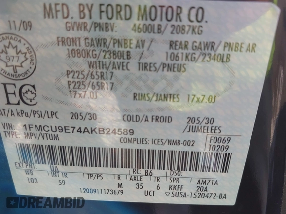 2010 Ford Escape Limited z VIN 1FMCU9E74AKB24589, wystawiony jako IAAI lot #42119996 z przebiegiem 154 745 mil mil oraz . Historia ofert i sprzedaży dostępna na DreamBid. Obrazek 9.