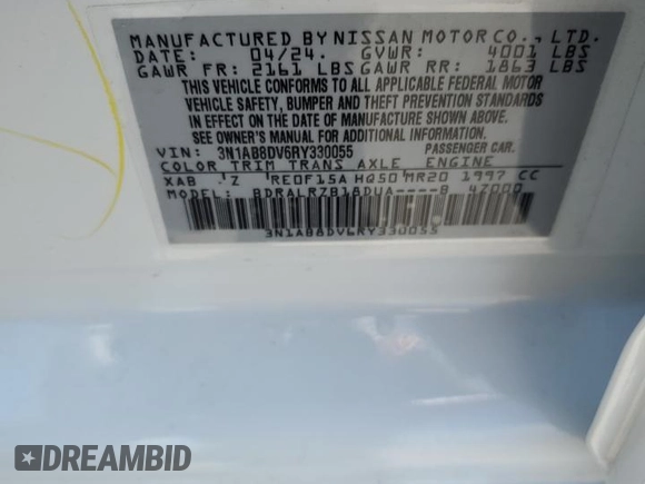 2024 Nissan Sentra SR with VIN 3N1AB8DV6RY330055, listed as a Copart auction lot 61074645 with 21,941 mi miles and Salvage title. Bid and sale history available at DreamBid. Image 12.