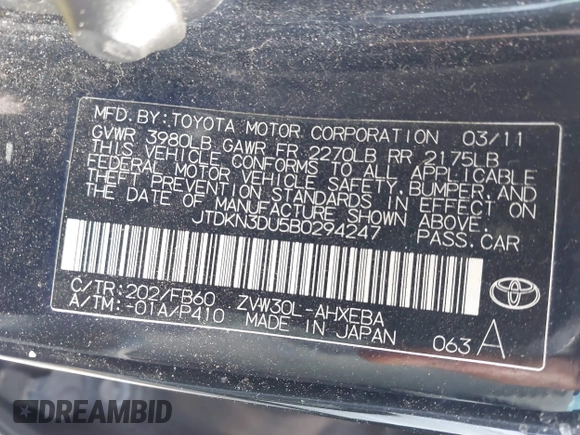 2011 Toyota Prius I with VIN JTDKN3DU5B0294247, listed as a IAAI auction lot 40360762 with 191,079 mi miles. Bid and sale history available at carsss.com. Image 9.