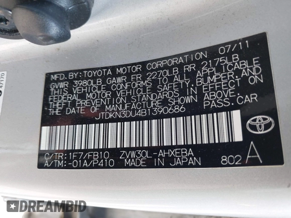 2011 Toyota Prius I with VIN JTDKN3DU4B1390686, listed as a IAAI auction lot 42034439 with 217,787 mi miles and . Bid and sale history available at DreamBid. Image 9.