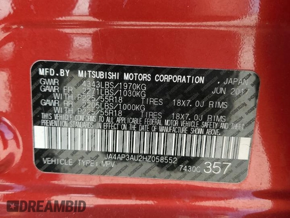 2017 Mitsubishi Outlander Sport ES 2.0 with VIN JA4AP3AU2HZ058552, listed as a Copart auction lot 52276315 with 81,038 mi miles and Salvage Title. Bid and sale history available at carsss.com. Image 14.