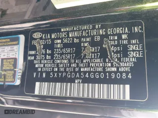 2016 Kia Sorento LX with VIN 5XYPGDA54GG019084, listed as a IAAI auction lot 40985459 with 148,743 mi miles. Bid and sale history available at carsss.com. Image 9.