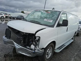 2023 Chevrolet Express Cargo Van with VIN 1GCWGAFP3P1178778, listed as a Copart auction lot 48574285 with 12,118 mi miles and Clean Title. Bid and sale history available at carsss.com. Image 1.