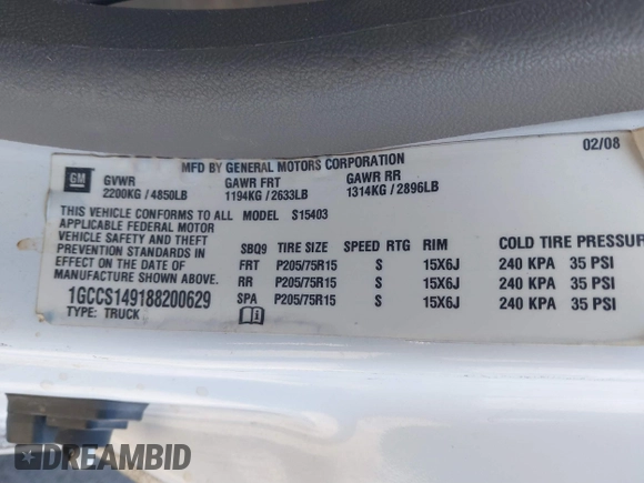 2008 Chevrolet Colorado LS with VIN 1GCCS149188200629, listed as a IAAI auction lot 41404479 with 188,639 mi miles and . Bid and sale history available at DreamBid. Image 9.