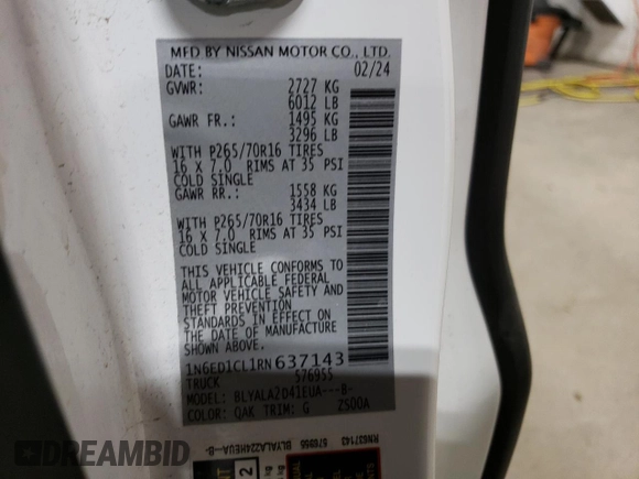 2024 Nissan Frontier S with VIN 1N6ED1CL1RN637143, listed as a Copart auction lot 51769655 with 16,397 mi miles and Salvage Title. Bid and sale history available at DreamBid. Image 12.