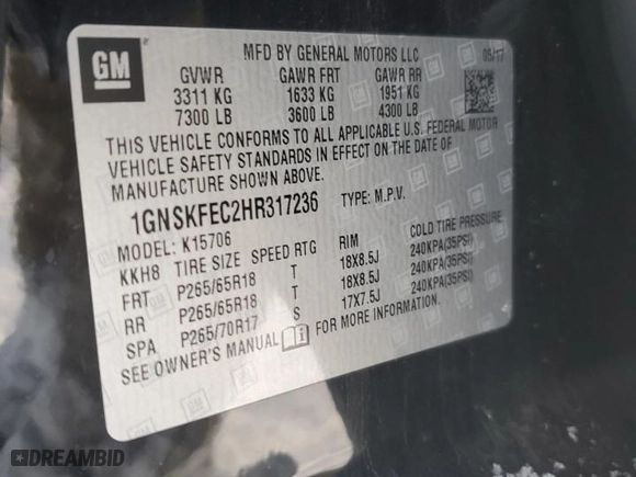 2017 Chevrolet Tahoe Commercial with VIN 1GNSKFEC2HR317236, listed as a Copart auction lot 88087055 with 0 mi miles and Clean Title. Bid and sale history available at carsss.com. Image 15.