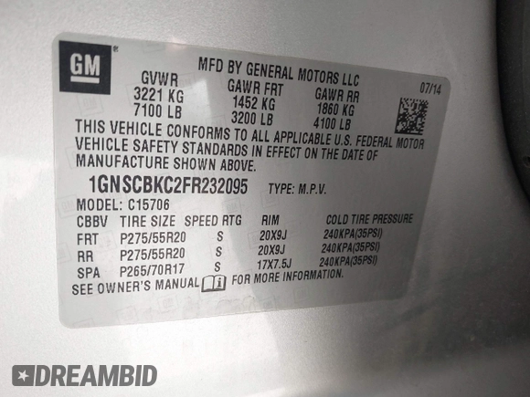 2015 Chevrolet Tahoe LT with VIN 1GNSCBKC2FR232095, listed as a IAAI auction lot 42718627 with 174,130 mi miles and . Bid and sale history available at DreamBid. Image 9.