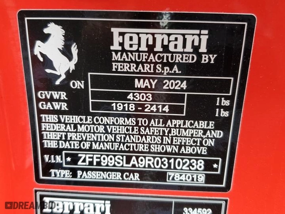 2024 Ferrari 296 GTB with VIN ZFF99SLA9R0310238, listed as a Copart auction lot 81647524 with NaN miles and Salvage Title. Bid and sale history available at carsss.com. Image 13.