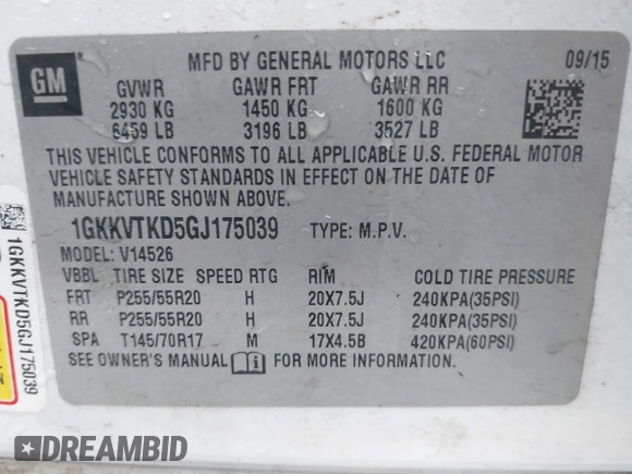 2016 GMC Acadia Denali with VIN 1GKKVTKD5GJ175039, listed as a IAAI auction lot 41486077 with 137,509 mi miles. Bid and sale history available at carsss.com. Image 9.