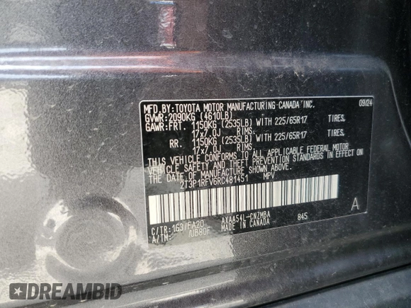 2024 Toyota RAV4 XLE with VIN 2T3P1RFV6RC481451, listed as a Copart auction lot 58316955 with 6,652 mi miles and Salvage title. Bid and sale history available at DreamBid. Image 13.