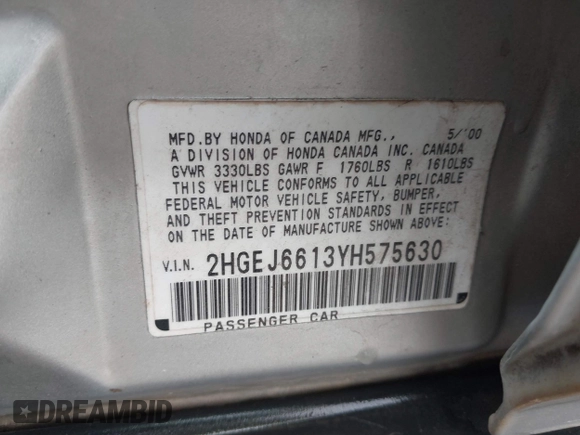 2000 Honda Civic VP z VIN 2HGEJ6613YH575630, wystawiony jako IAAI lot #41525214 z przebiegiem 251 481 mil mil oraz . Historia ofert i sprzedaży dostępna na DreamBid. Obrazek 9.