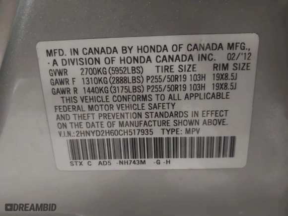 2012 Acura MDX Advance Pkg with VIN 2HNYD2H60CH517935, listed as a IAAI auction lot 41641434 with 215799 miles. Bid and sale history available at carsss.com. Image 9.