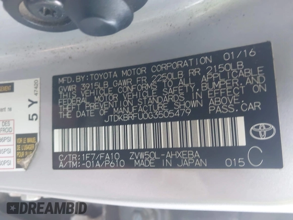 2016 Toyota Prius Two with VIN JTDKBRFU0G3505479, listed as a IAAI auction lot 41977008 with 218,630 mi miles and . Bid and sale history available at DreamBid. Image 9.