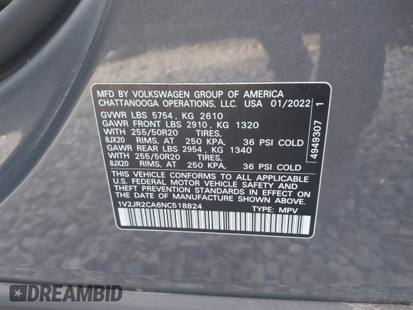 2022 Volkswagen Atlas SE with VIN 1V2JR2CA6NC518824, listed as a IAAI auction lot 42334150 with 88,184 mi miles and . Bid and sale history available at DreamBid. Image 9.