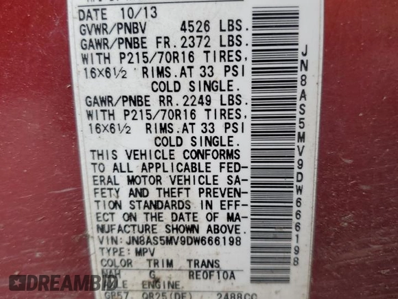 2013 Nissan Rogue S with VIN JN8AS5MV9DW666198, listed as a Copart auction lot 49841035 with 131,059 mi miles and Salvage Title. Bid and sale history available at DreamBid. Image 15.