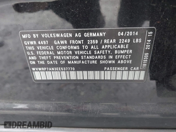2014 Volkswagen CC Lux with VIN WVWRP7AN3EE537770, listed as a IAAI auction lot 41385247 with 135,069 mi miles. Bid and sale history available at carsss.com. Image 9.