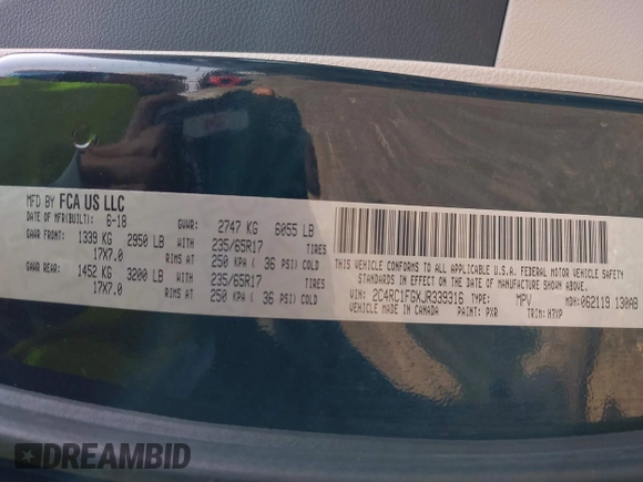 2018 Chrysler Pacifica Touring Plus with VIN 2C4RC1FGXJR339316, listed as a IAAI auction lot 42481389 with 113,718 mi miles and . Bid and sale history available at DreamBid. Image 9.