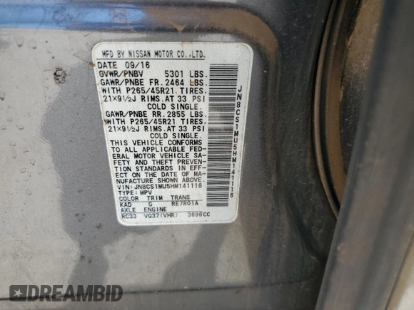 2017 Infiniti QX70 with VIN JN8CS1MU5HM141116, listed as a Copart auction lot 62124125 with 134,038 mi miles and Salvage title. Bid and sale history available at DreamBid. Image 14.