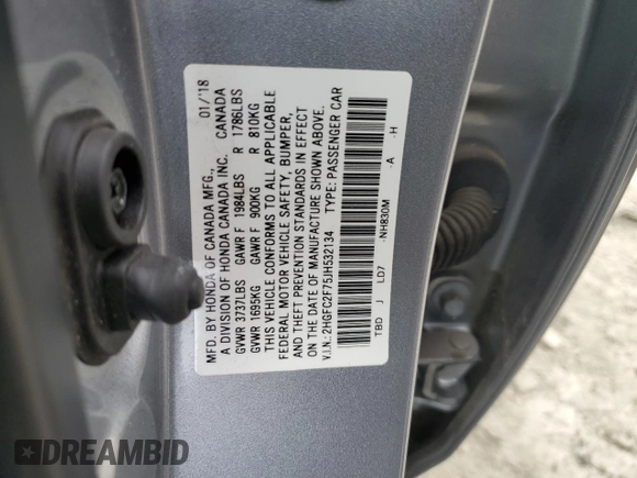 2018 Honda Civic EX with VIN 2HGFC2F75JH532134, listed as a Copart auction lot 51215215 with 35,189 mi miles and Salvage Title. Bid and sale history available at DreamBid. Image 14.