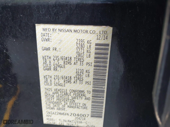 2015 Nissan Murano SL with VIN 5N1AZ2MH6FN204007, listed as a IAAI auction lot 41994301 with 198,671 mi miles. Bid and sale history available at carsss.com. Image 9.
