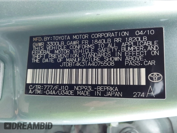 2010 Toyota Yaris with VIN JTDBT4K31A4075508, listed as a IAAI auction lot 42214300 with 192,616 mi miles. Bid and sale history available at carsss.com. Image 9.