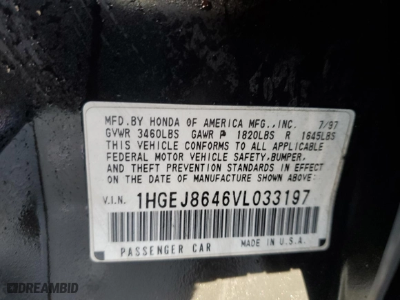 1997 Honda Civic EX with VIN 1HGEJ8646VL033197, listed as a Copart auction lot 84891944 with 0 mi miles and Salvage Title. Bid and sale history available at carsss.com. Image 12.
