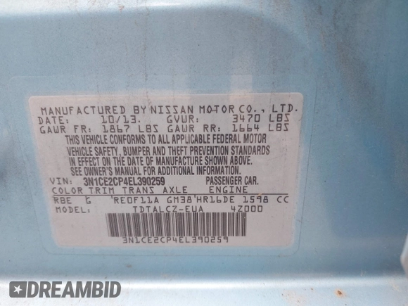 2014 Nissan Note SV with VIN 3N1CE2CP4EL390259, listed as a IAAI auction lot 42186557 with 121,304 mi miles and . Bid and sale history available at DreamBid. Image 9.