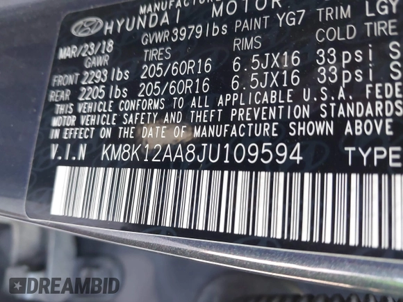 2018 Hyundai Kona SE with VIN KM8K12AA8JU109594, listed as a IAAI auction lot 41469529 with 102,111 mi miles and . Bid and sale history available at DreamBid. Image 9.