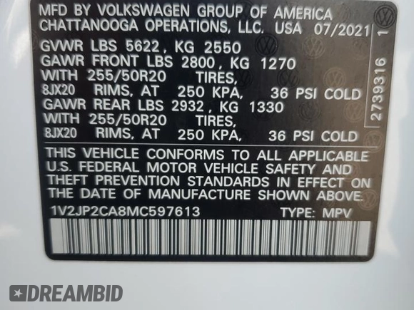 2021 Volkswagen Atlas SE with VIN 1V2JP2CA8MC597613, listed as a Copart auction lot 71051474 with 79,234 mi miles and Salvage title. Bid and sale history available at DreamBid. Image 13.