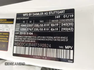 2019 Mercedes-Benz GLC 300 with VIN WDC0G4JB4KF590524, listed as a IAAI auction lot 42126657 with 53,841 mi miles and . Bid and sale history available at DreamBid. Image 9.