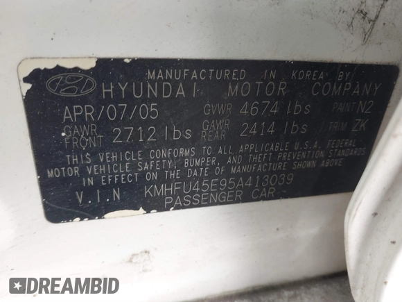 2005 Hyundai XG with VIN KMHFU45E95A413039, listed as a IAAI auction lot 41573746 with 167,306 mi miles and . Bid and sale history available at DreamBid. Image 9.