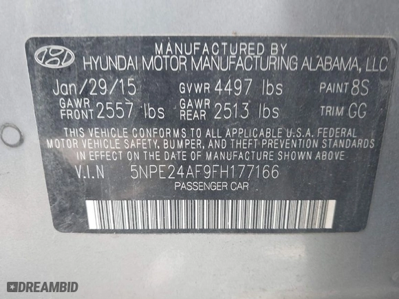 2015 Hyundai Sonata 2.4L SE with VIN 5NPE24AF9FH177166, listed as a IAAI auction lot 41998999 with 165,864 mi miles. Bid and sale history available at carsss.com. Image 9.