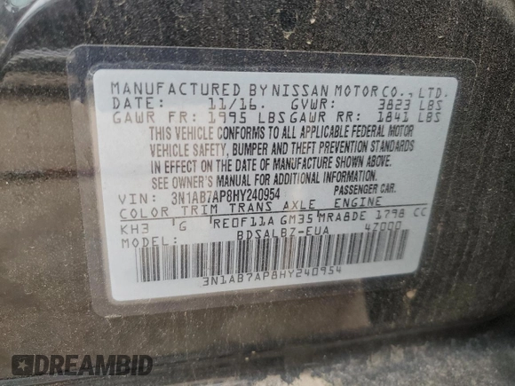 2017 Nissan Sentra S with VIN 3N1AB7AP8HY240954, listed as a Copart auction lot 45765415 with 146,459 mi miles and Salvage Title. Bid and sale history available at DreamBid. Image 13.