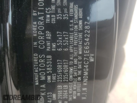 2014 Kia Sedona LX with VIN KNDMG4C71E6542287, listed as a Copart auction lot 54312764 with 170,063 mi miles and Non Repairable. Bid and sale history available at carsss.com. Image 13.