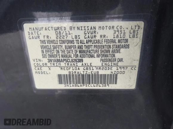2012 Nissan Sentra SR with VIN 3N1AB6AP5CL626389, listed as a IAAI auction lot 42086672 with 116,533 mi miles and . Bid and sale history available at DreamBid. Image 9.