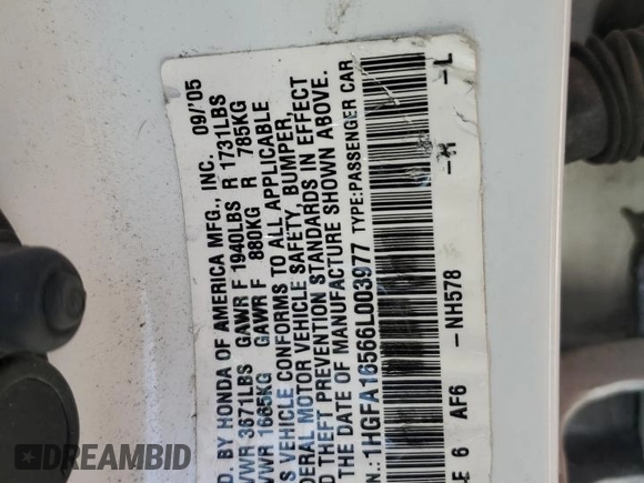 2006 Honda Civic LX z VIN 1HGFA16566L003977, wystawiony jako Copart lot #56765875 z przebiegiem 220 705 mil mil oraz Szkoda całkowita • Salvage title. Historia ofert i sprzedaży dostępna na DreamBid. Obrazek 13.