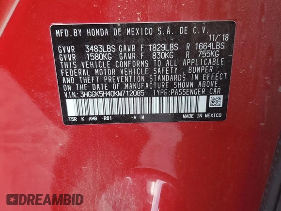 2019 Honda Fit LX with VIN 3HGGK5H40KM712085, listed as a Copart auction lot 63646395 with 37,270 mi miles and Salvage title. Bid and sale history available at DreamBid. Image 12.