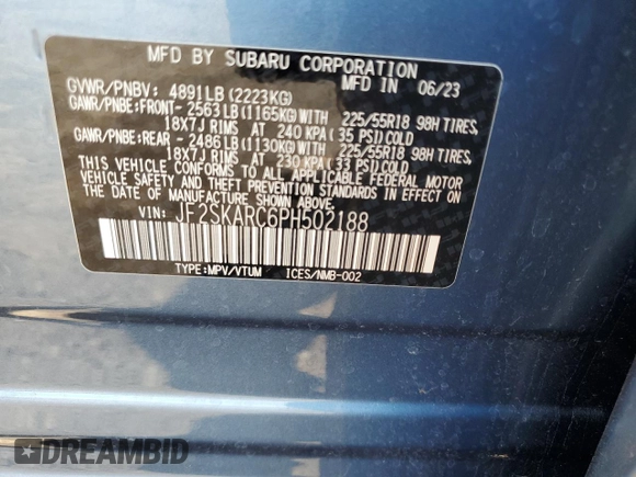 2023 Subaru Forester Touring z VIN JF2SKARC6PH502188, wystawiony jako Copart lot #56960245 z przebiegiem 10 487 mil mil oraz Szkoda całkowita • Salvage title. Historia ofert i sprzedaży dostępna na DreamBid. Obrazek 12.