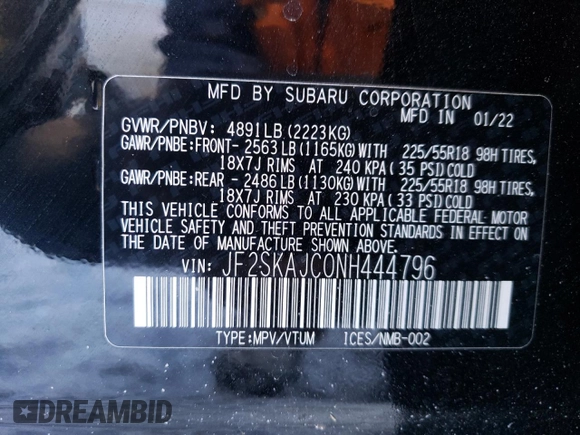 2022 Subaru Forester Sport with VIN JF2SKAJC0NH444796, listed as a Copart auction lot 89358415 with 20,512 mi miles and Salvage Title. Bid and sale history available at carsss.com. Image 14.