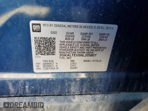 2022 GMC Terrain SLE with VIN 3GKALTEV6NL205807, listed as a Copart auction lot 65116945 with 24,944 mi miles and Salvage title. Bid and sale history available at DreamBid. Image 13.