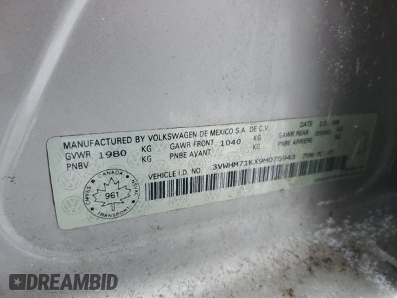 2009 Volkswagen Jetta S z VIN 3VWHM71KX9M075943, wystawiony jako Copart lot #88407595 z przebiegiem 171 244 mil mil oraz Szkoda całkowita • Salvage title. Historia ofert i sprzedaży dostępna na DreamBid. Obrazek 12.