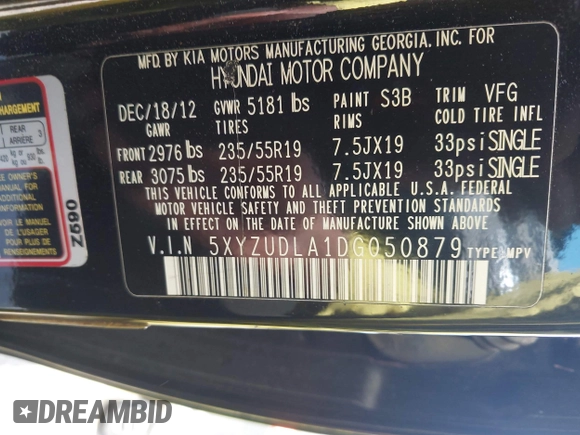 2013 Hyundai Santa Fe Sport z VIN 5XYZUDLA1DG050879, wystawiony jako IAAI lot #42236937 z przebiegiem 124 779 mil mil oraz . Historia ofert i sprzedaży dostępna na DreamBid. Obrazek 9.