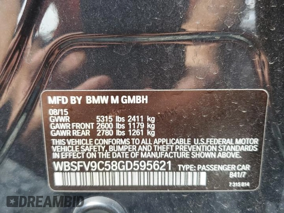 2016 BMW M5 z VIN WBSFV9C58GD595621, wystawiony jako Copart lot #54218185 z przebiegiem Nie podano mil oraz Czysty tytuł • Clean title. Historia ofert i sprzedaży dostępna na DreamBid. Obrazek 13.